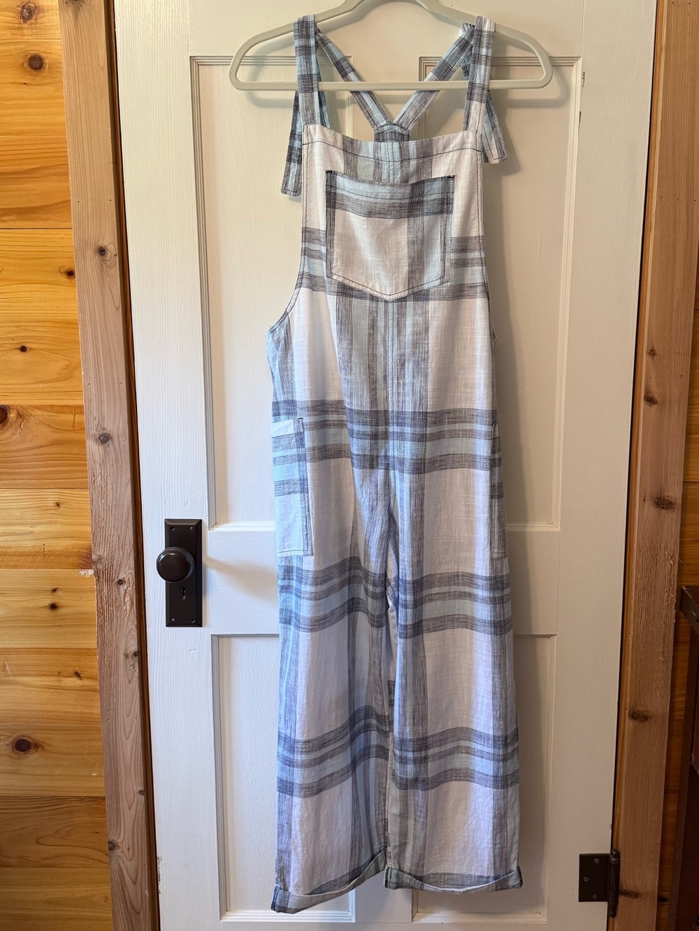 Aerie Blue & White Plaid Cotton Linen Feel Overalls - Picture 3 of 11